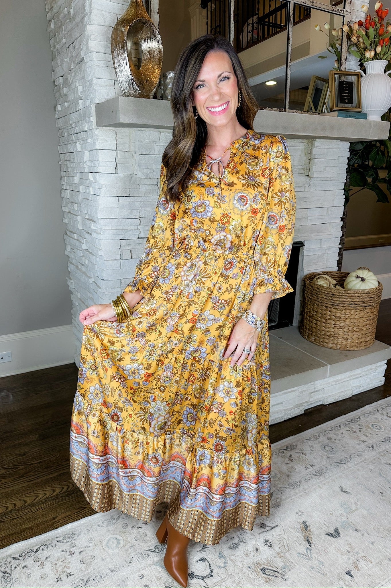 Satin Mustard Floral Tie Neck Elastic Waist Tiered Maxi Dress