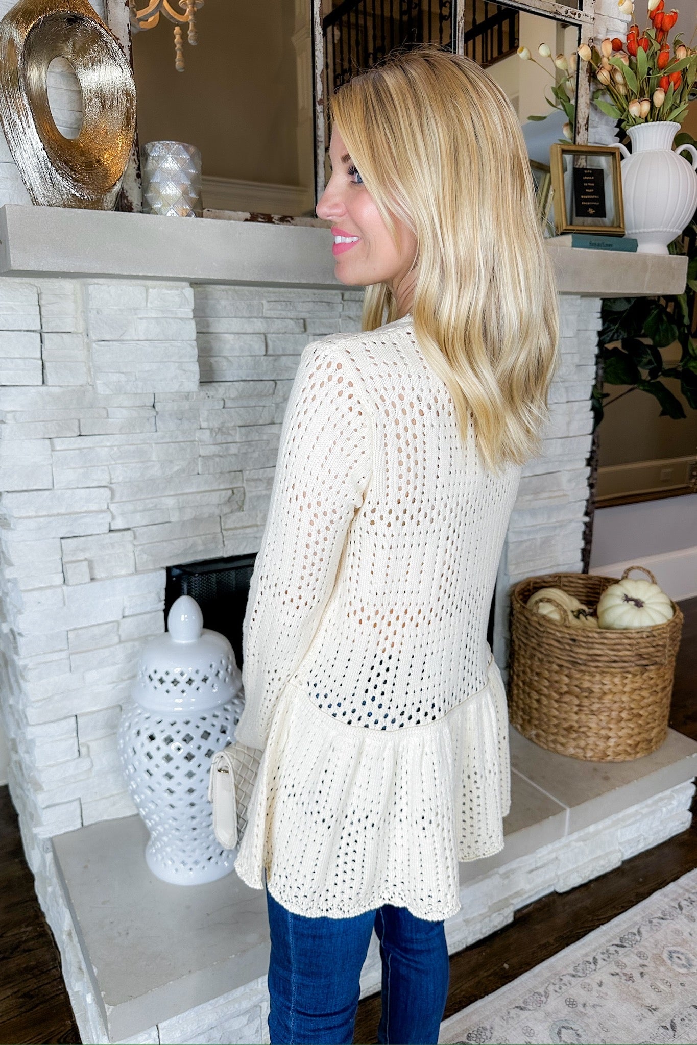 Crochet Bell Sleeve Drop Waist Peplum Cream Top