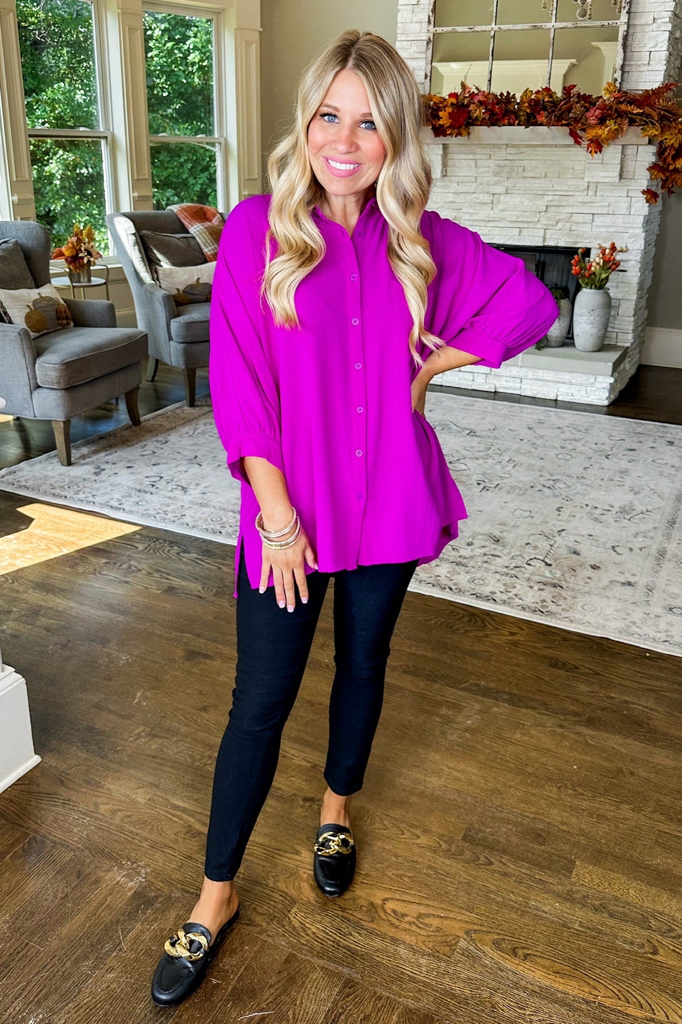 Button Up Collared Shift Top in Magenta