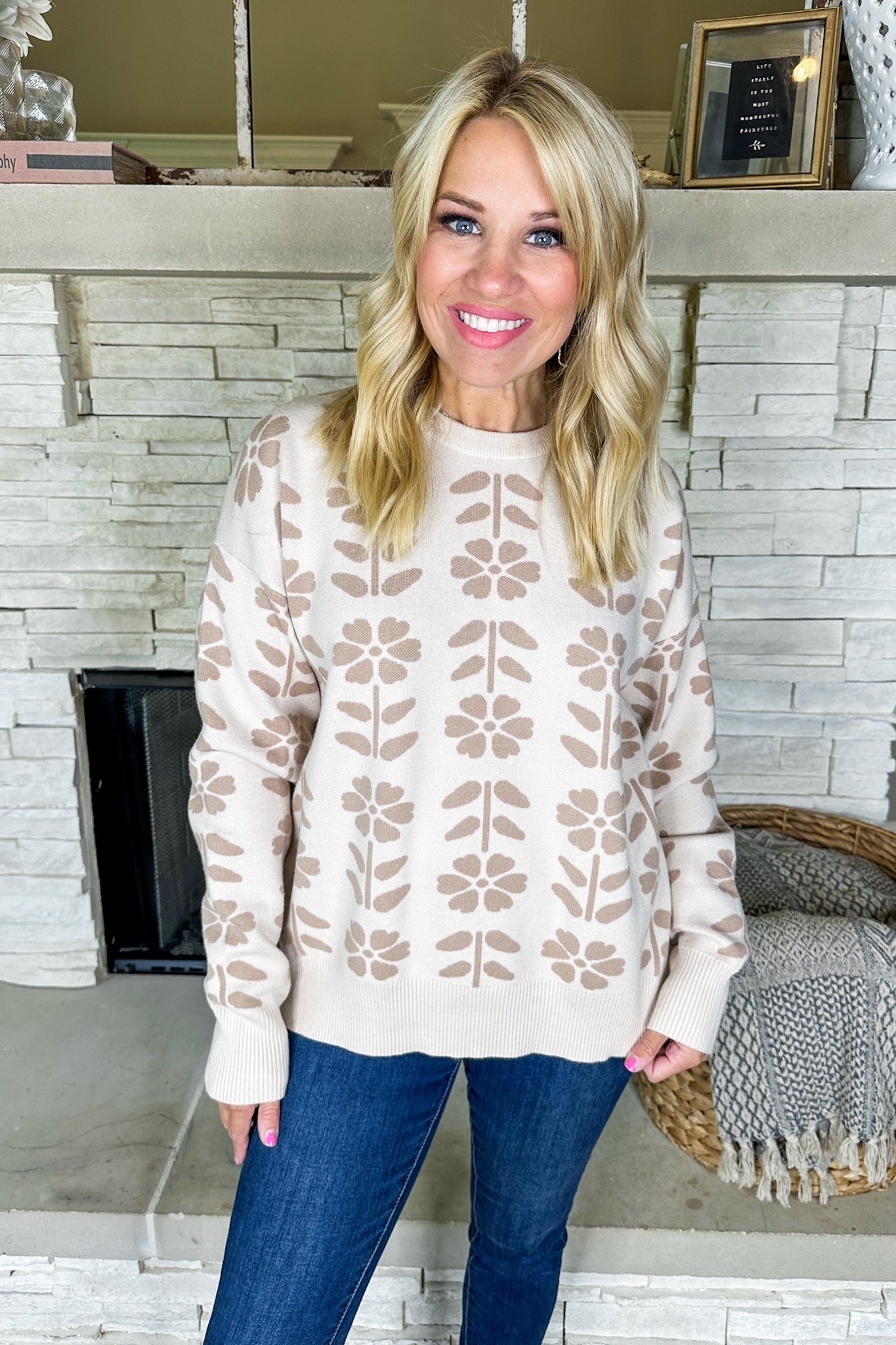 Floral Printed Taupe & Oatmeal Viscose Sweater