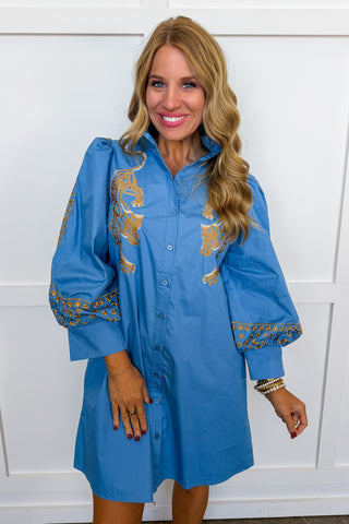 Wild At Heart Embroidered Shift Dress in Indigo