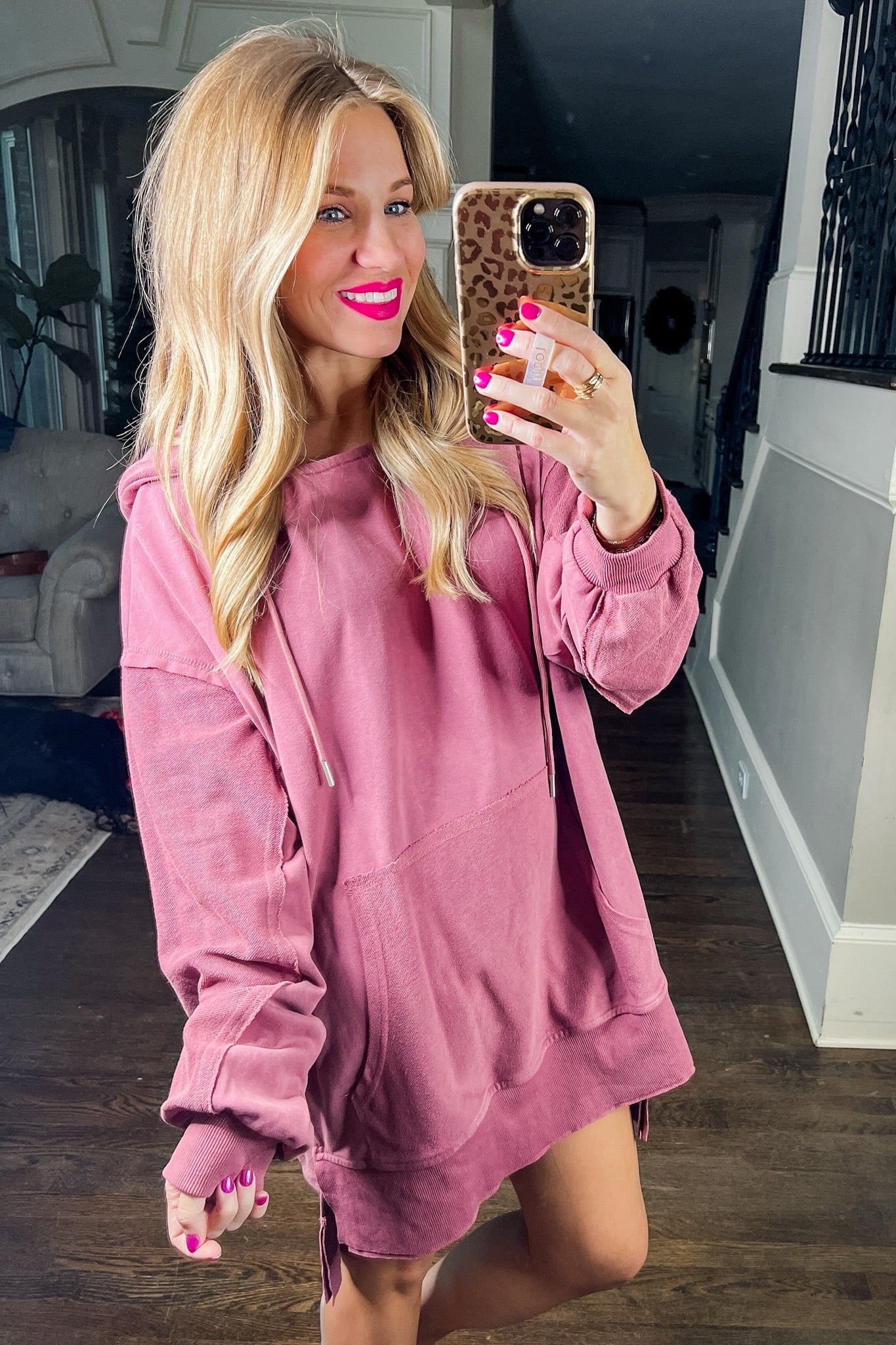Oversized Kangaroo Pocket Rose Sweatshirt Tunic Dress – Jules