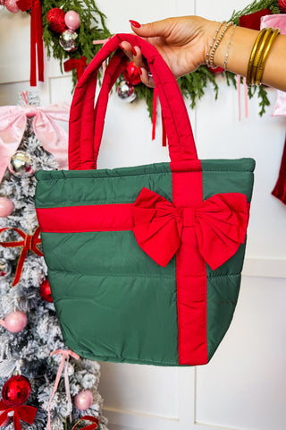 All Wrapped Up Bow Puffer Tote in Green