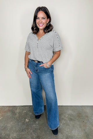 Striped Wooden Button Notch Neck Tee