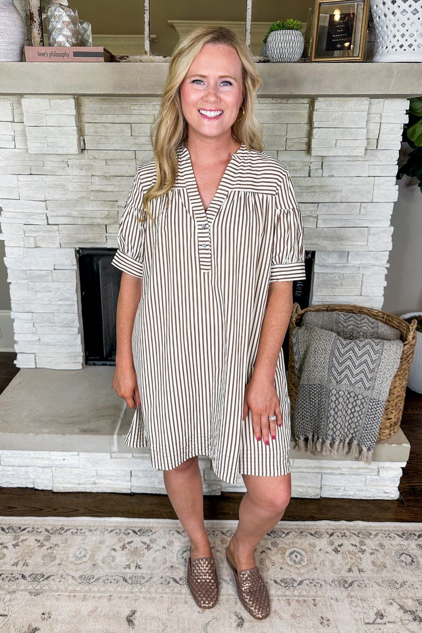 Brown Pin Stripe Pocketed Short Sleeve Dress