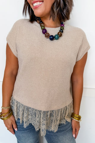 Lace Hem Short Sleeve Knit Top in Oatmeal