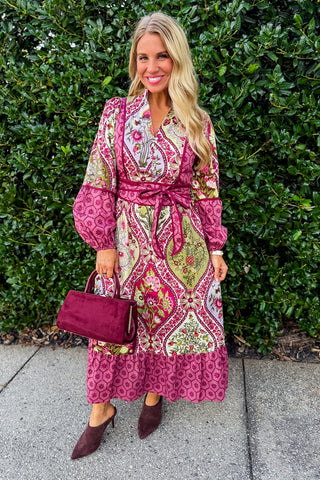 Wine Country Patchwork Mini Dress in Wine Bloom