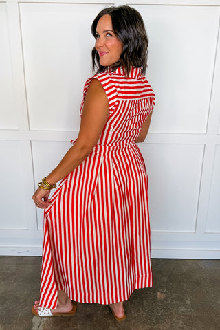 The Lily Button Down Tie Waist Midi Dress in Red Stripes