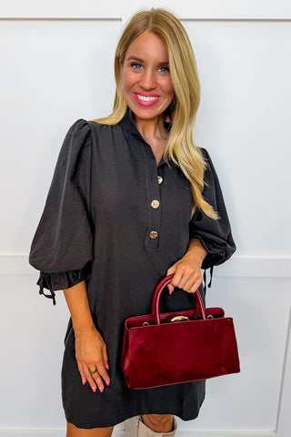 The Madeline Tie Sleeve Shift Dress in Black