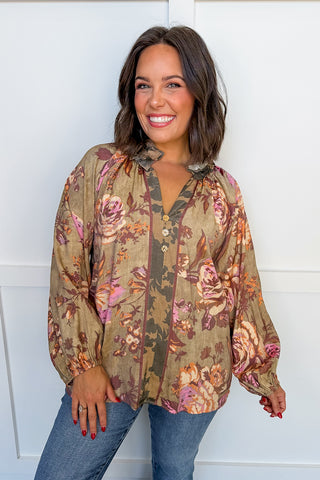 Vintage Rose Print Button Top in Olive