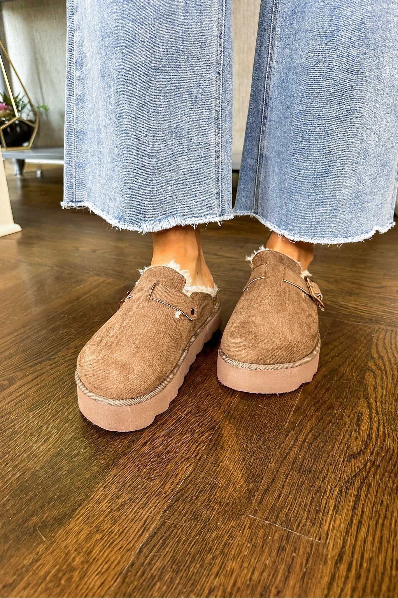 Slip On Faux Fur Platform Clog Mule in Dark Taupe