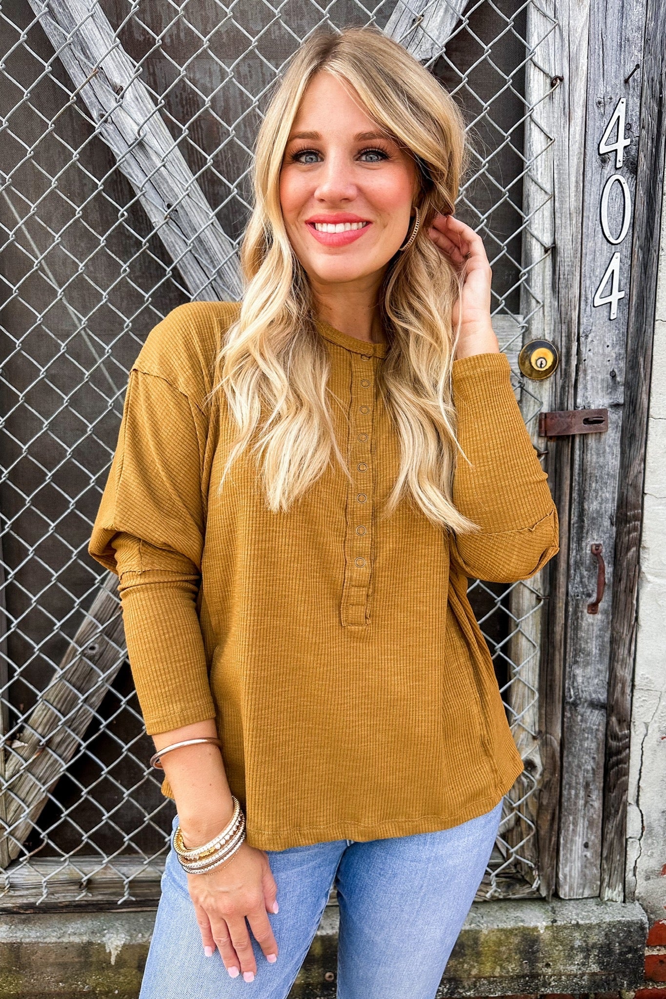 Ribbed Half Button Down Dolman Top in Honey