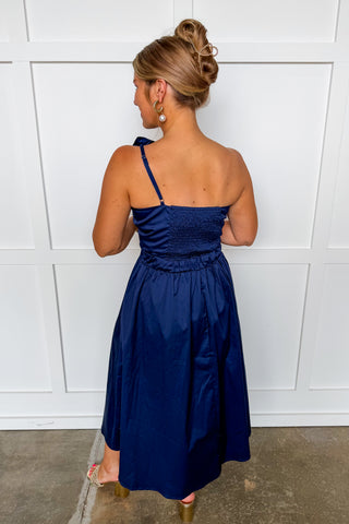Center Stage Bow Midi Dress in Navy