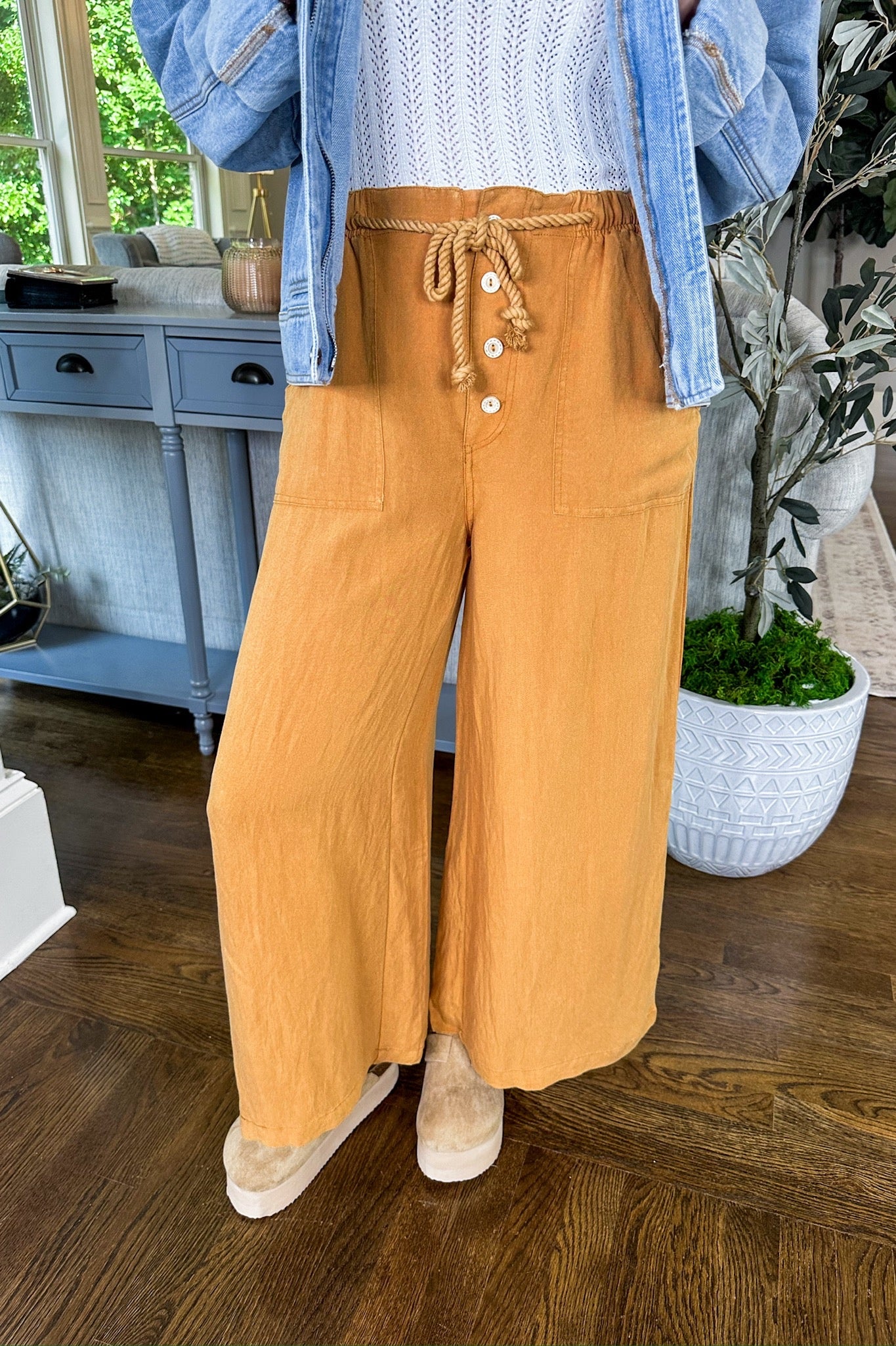 Cropped Rope Elastic Tie Waist Pocketed Honey Colored Pants