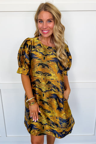 Mixing It Up Puff Sleeve Dress in Gold