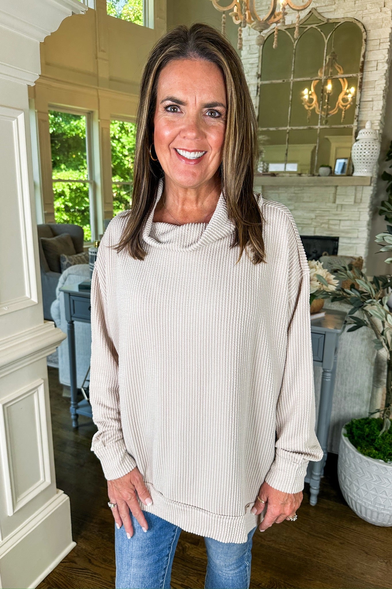 The Hadley Ribbed Cowl Neck Long Sleeve Top in Oatmeal