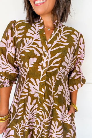 Fern Frond Print Dress in Olive