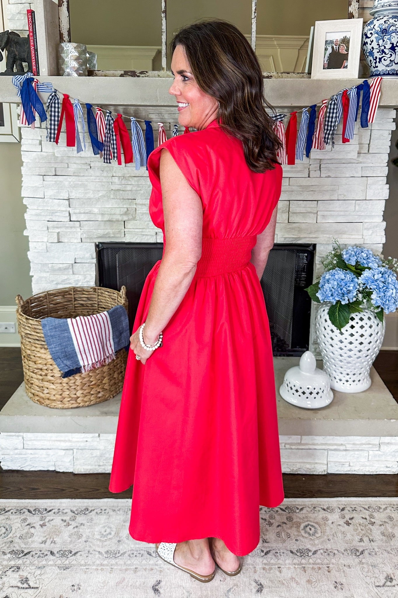 Zip Front Smocked Waist Red Midi Dress