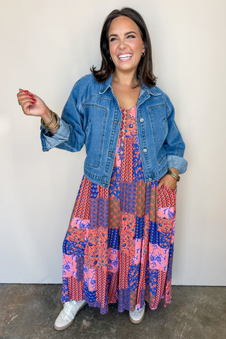 Wooden Button Down Coral/Blue Patchwork Print Sleeveless Jumpsuit