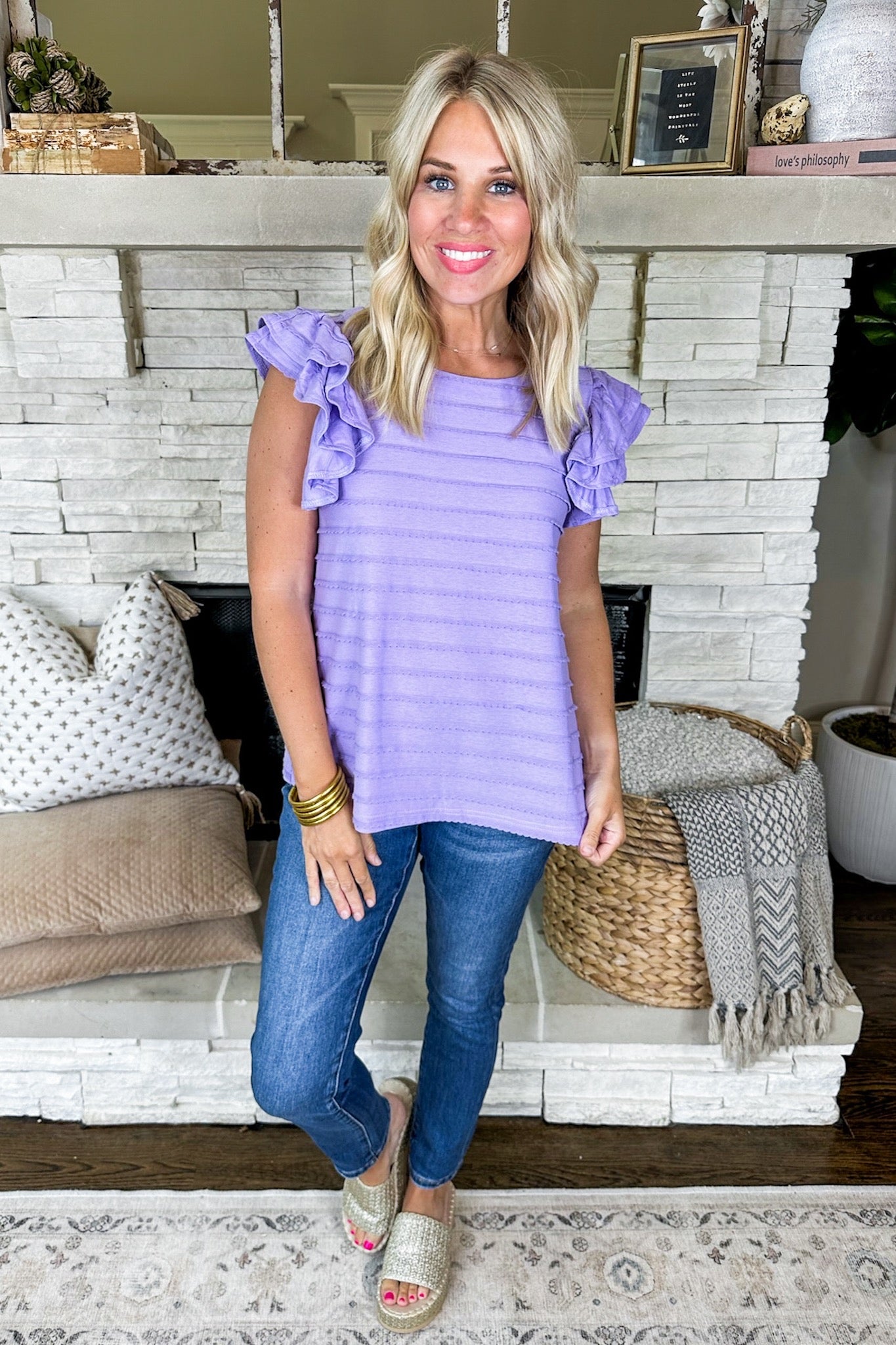 Texture Stripe Ruffle Sleeve Lavender Top