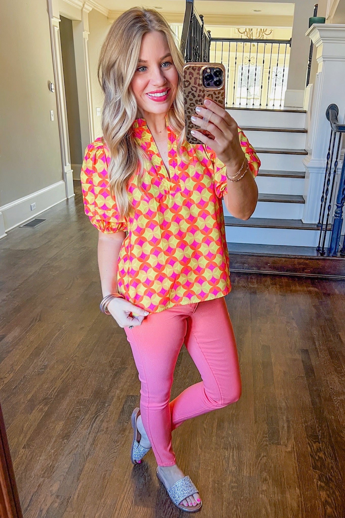 Ruffle Neck Puff Sleeve Pink Yellow THML Top