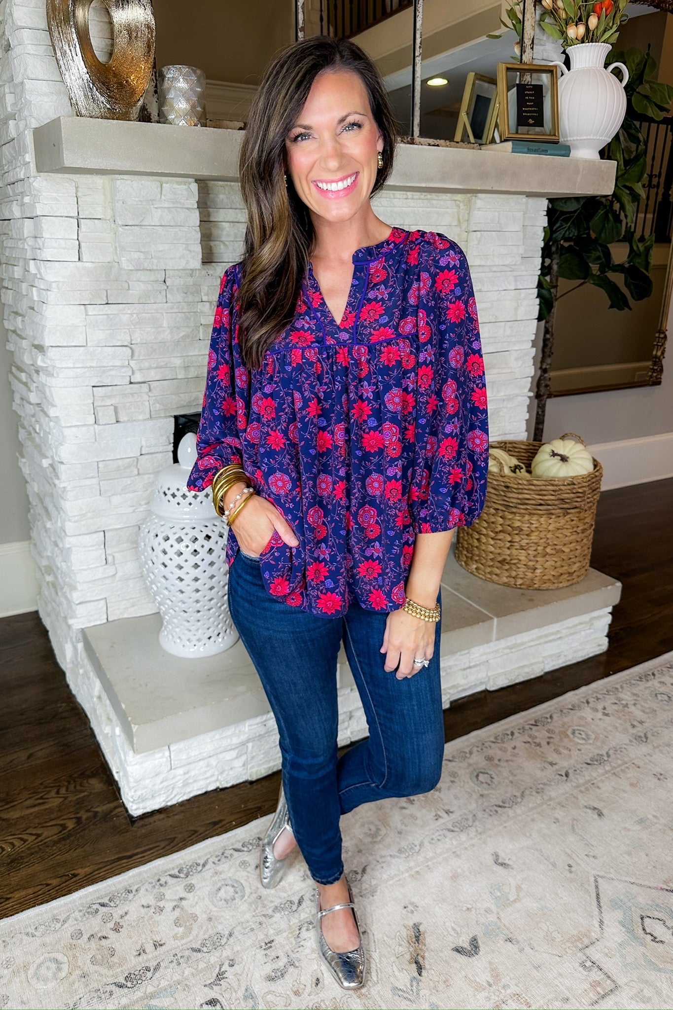 Purple Red Floral Peasant Three-Quarter Sleeve Top