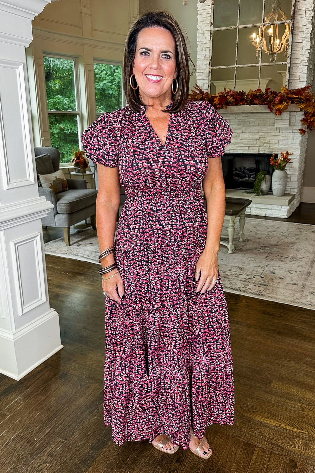 Pink Spotted Pattern V Neck Bubble Sleeve Tiered Maxi Dress
