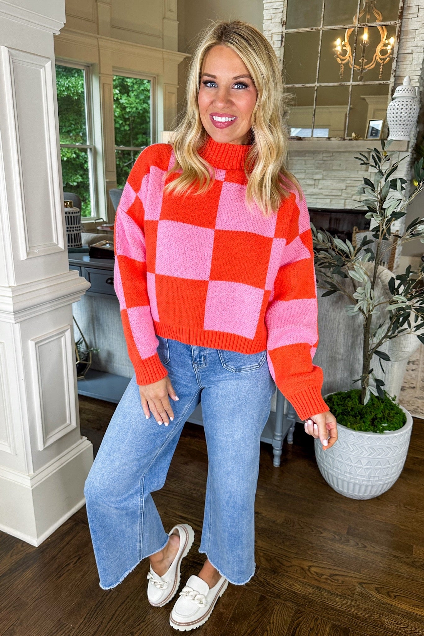 Pink & Orange Checkered Turtle Neck Cropped Sweater