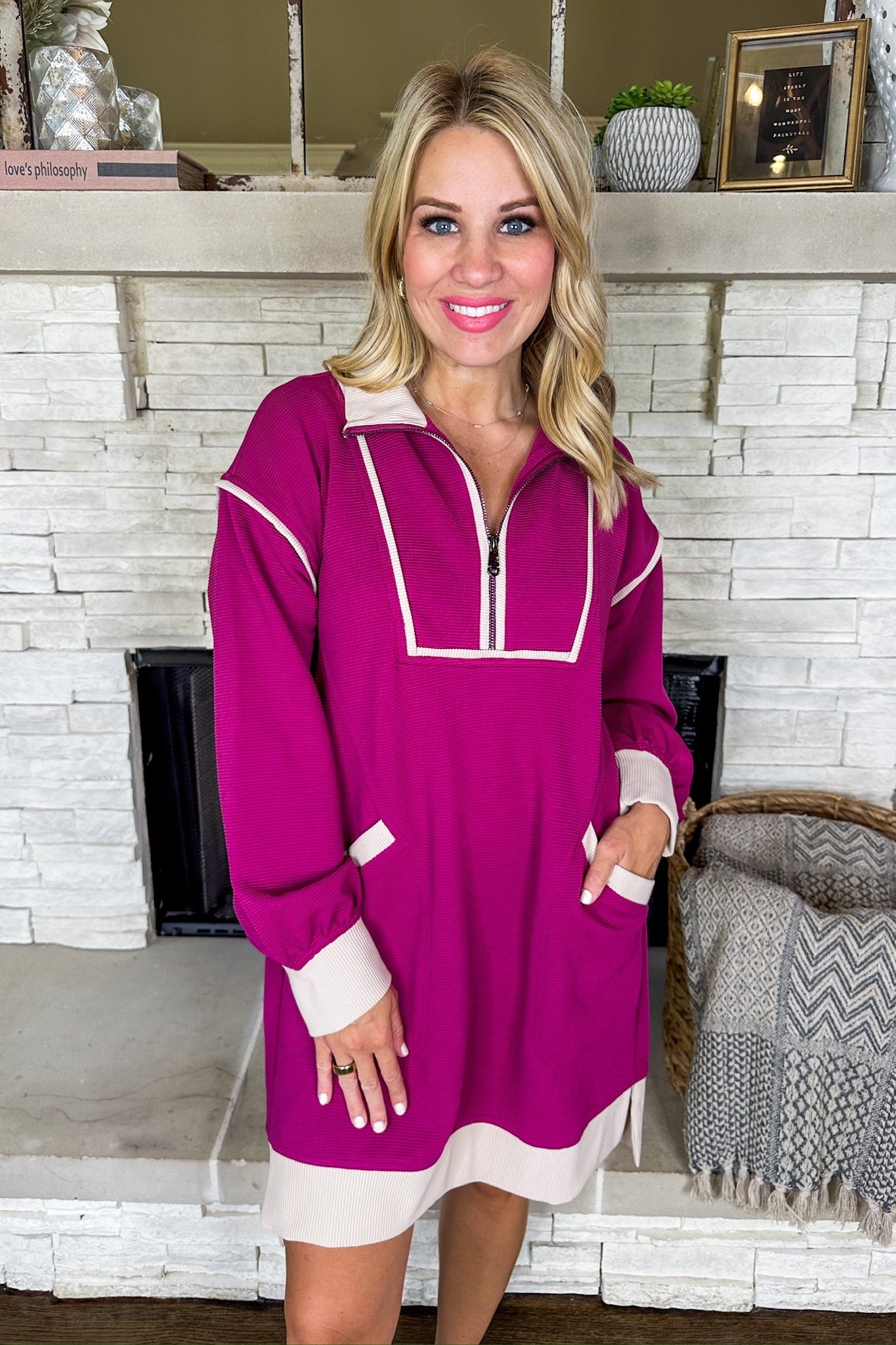 Cream Trim Quarter Zip Ribbed Long Sleeve Dress in Magenta