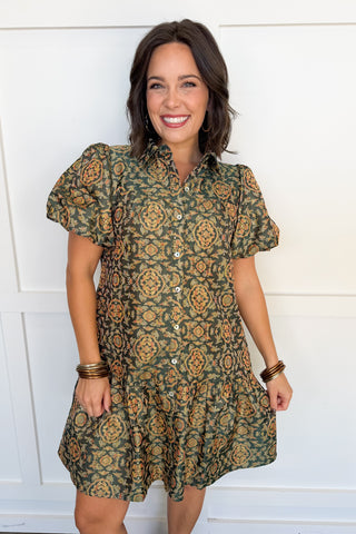 Printed Promise Drop Waist Dress in Hunter Green
