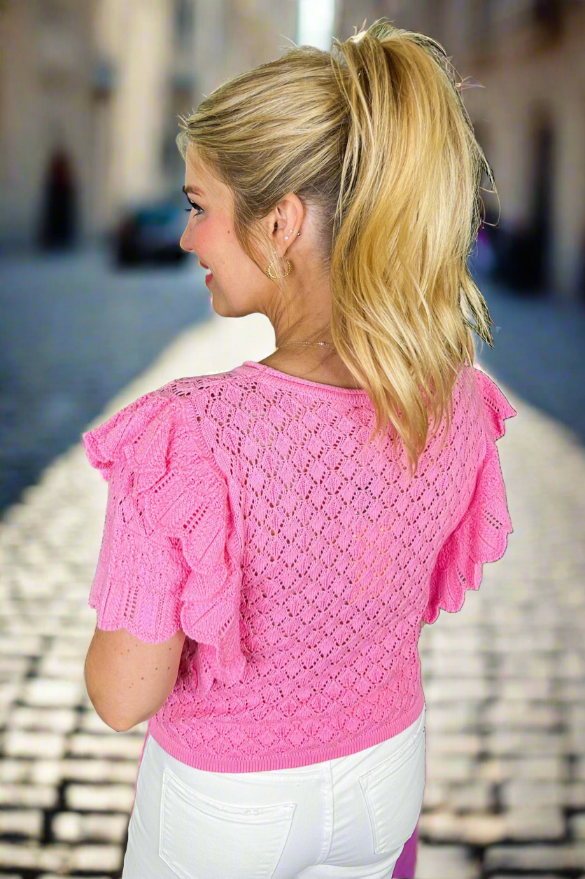 Crochet Knit Ruffle Sleeve Top in Pink