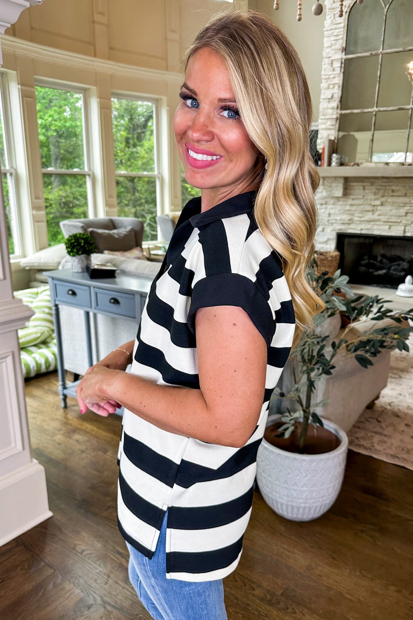 Textured Black White Striped Collared Top