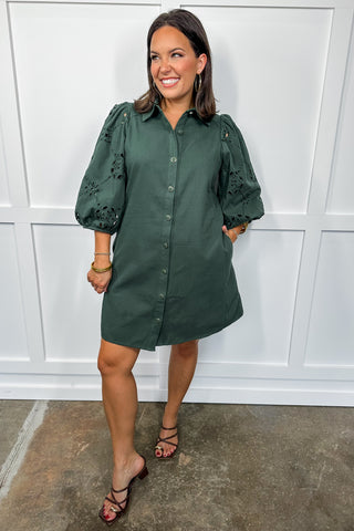 Forest Whisper Detailed Sleeve Short Dress in Pine