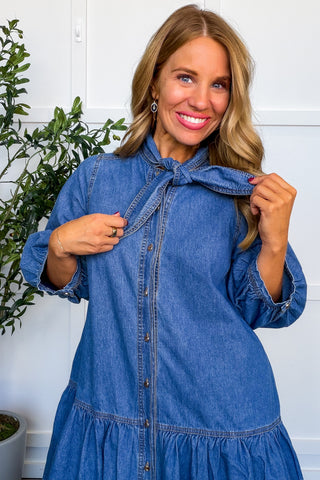 Denim Darling Tie Neck Drop Waist Dress