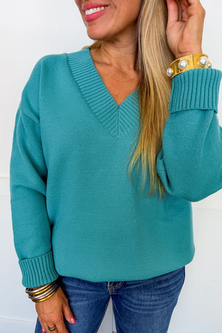 Easy V-Neck Knit Sweater in Teal
