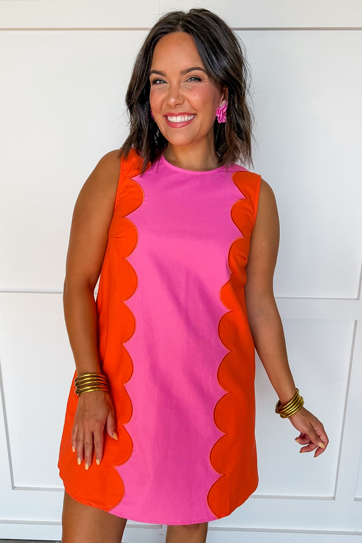Scallop Pop Shift Dress in Pink & Orange Medium