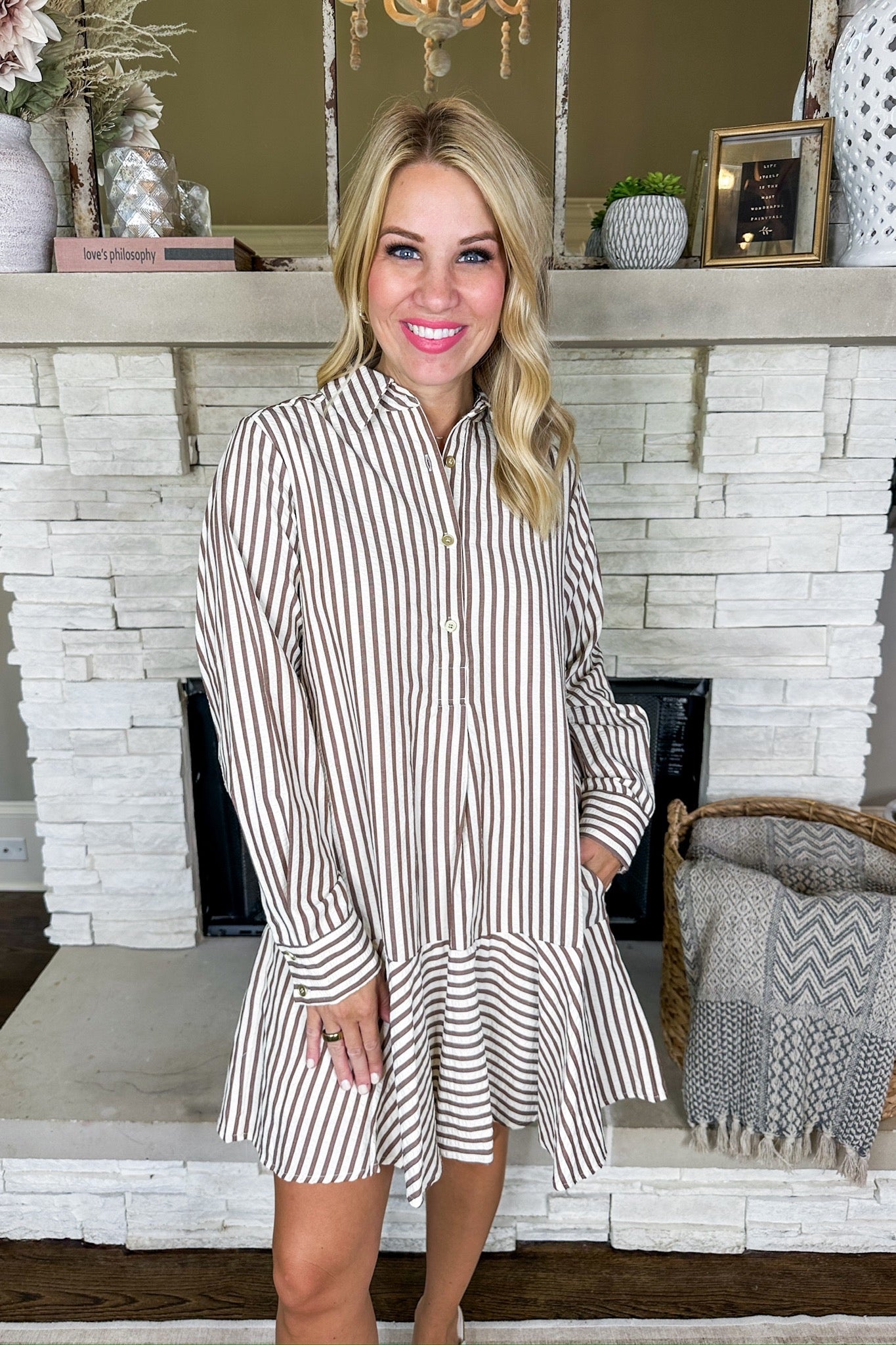 Gold Button Down Pin Stripe Long Sleeve Brown Dress