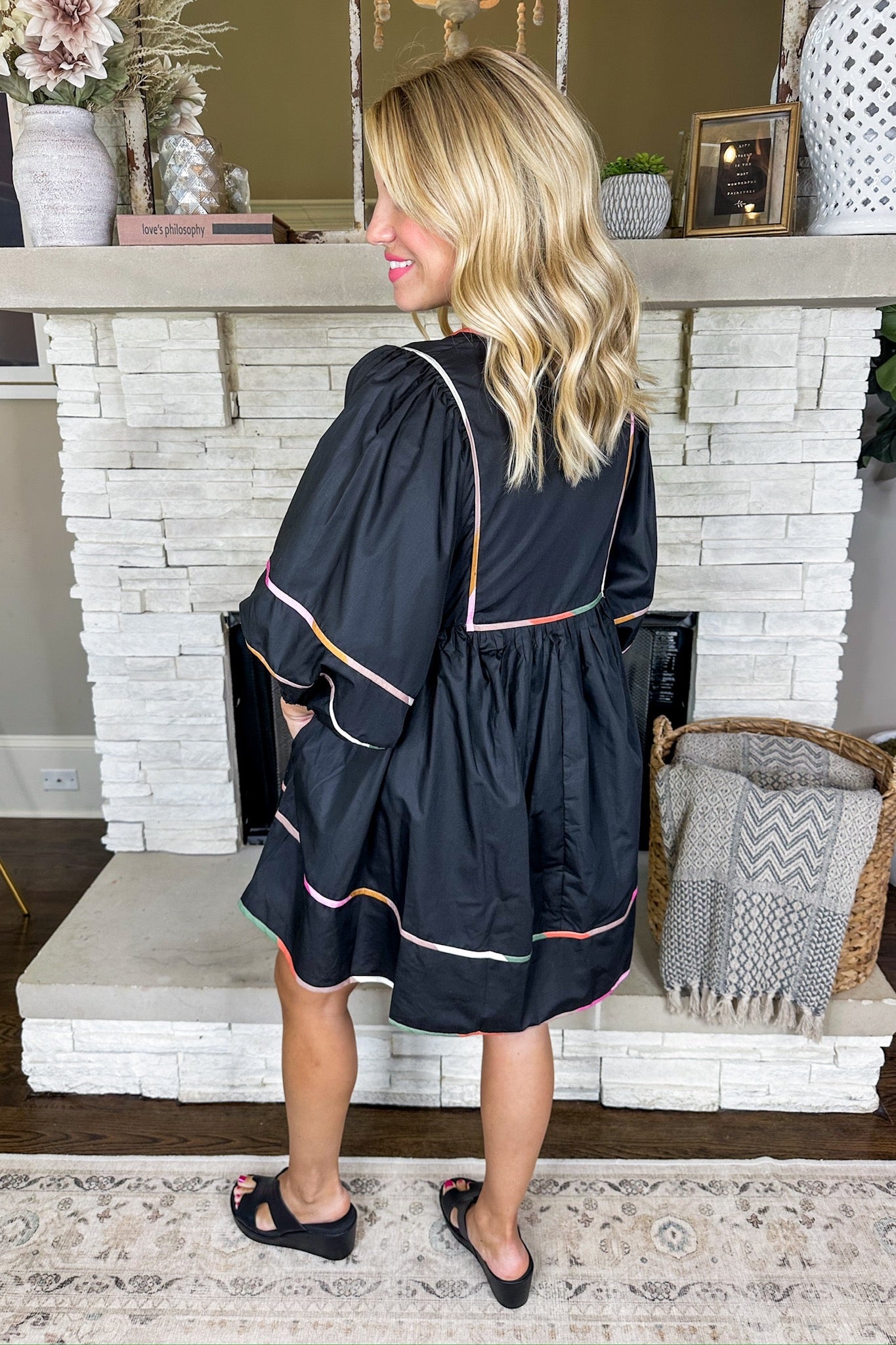 Multi Color Trim Black Tie Neck Bubble Sleeve Dress