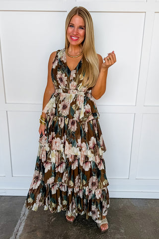 Grace & Glamour Tiered Maxi Dress in Brown