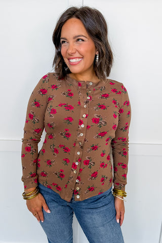 Vintage Floral Button Down Long Sleeve Top in Mocha