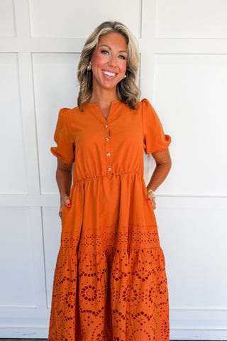 Amber Glow Eyelet Midi Dress