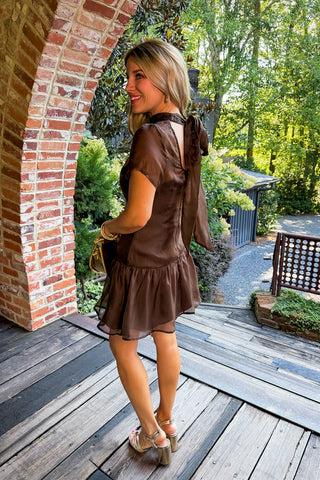 The Amelia Soirée Organza Short Sleeve Dress in Dark Brown