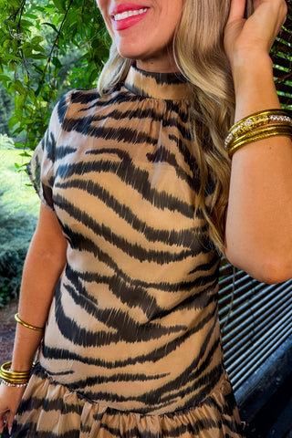 The Amelia Soirée Organza Short Sleeve Dress in Animal Print