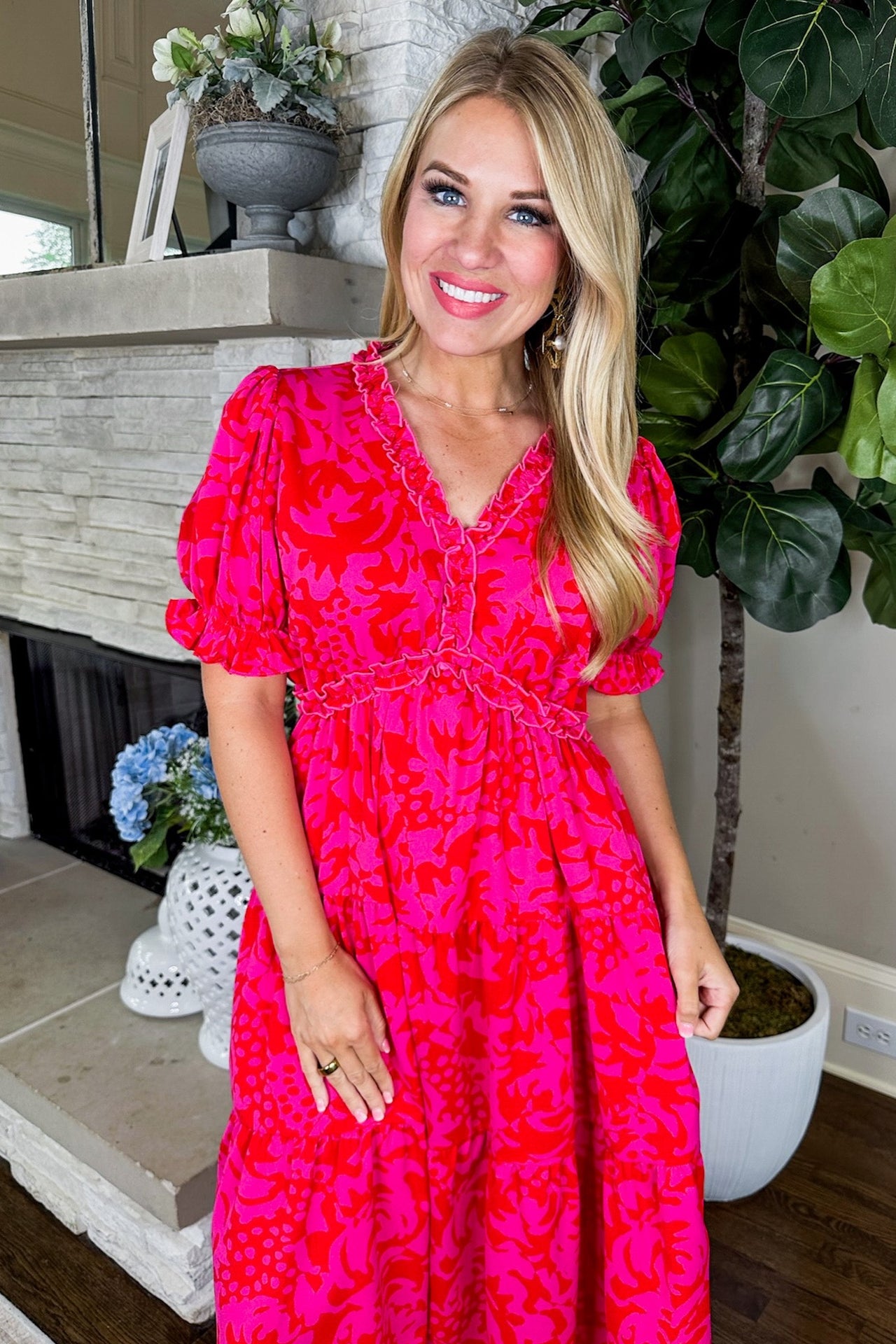 Pink Red Animal Print Ruched Seam Dress Jules & James Boutique