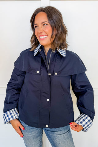The Harbor Cape Jacket in Navy Gingham
