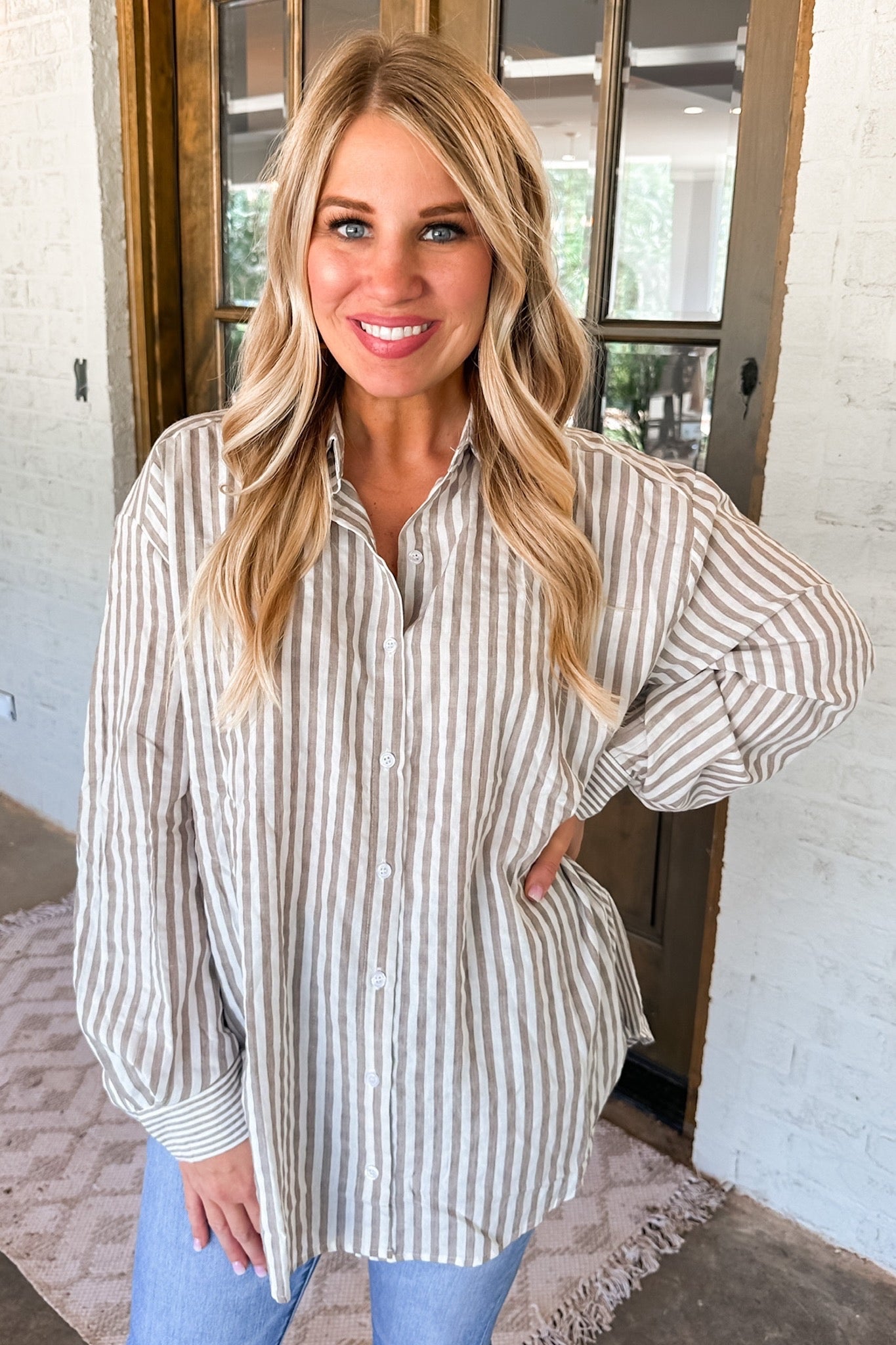 Button Up Pin Stripe Top in Taupe