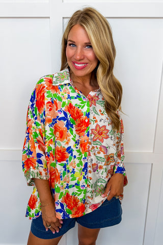 Mixed Feelings Button Front Floral Top in Orange Mix