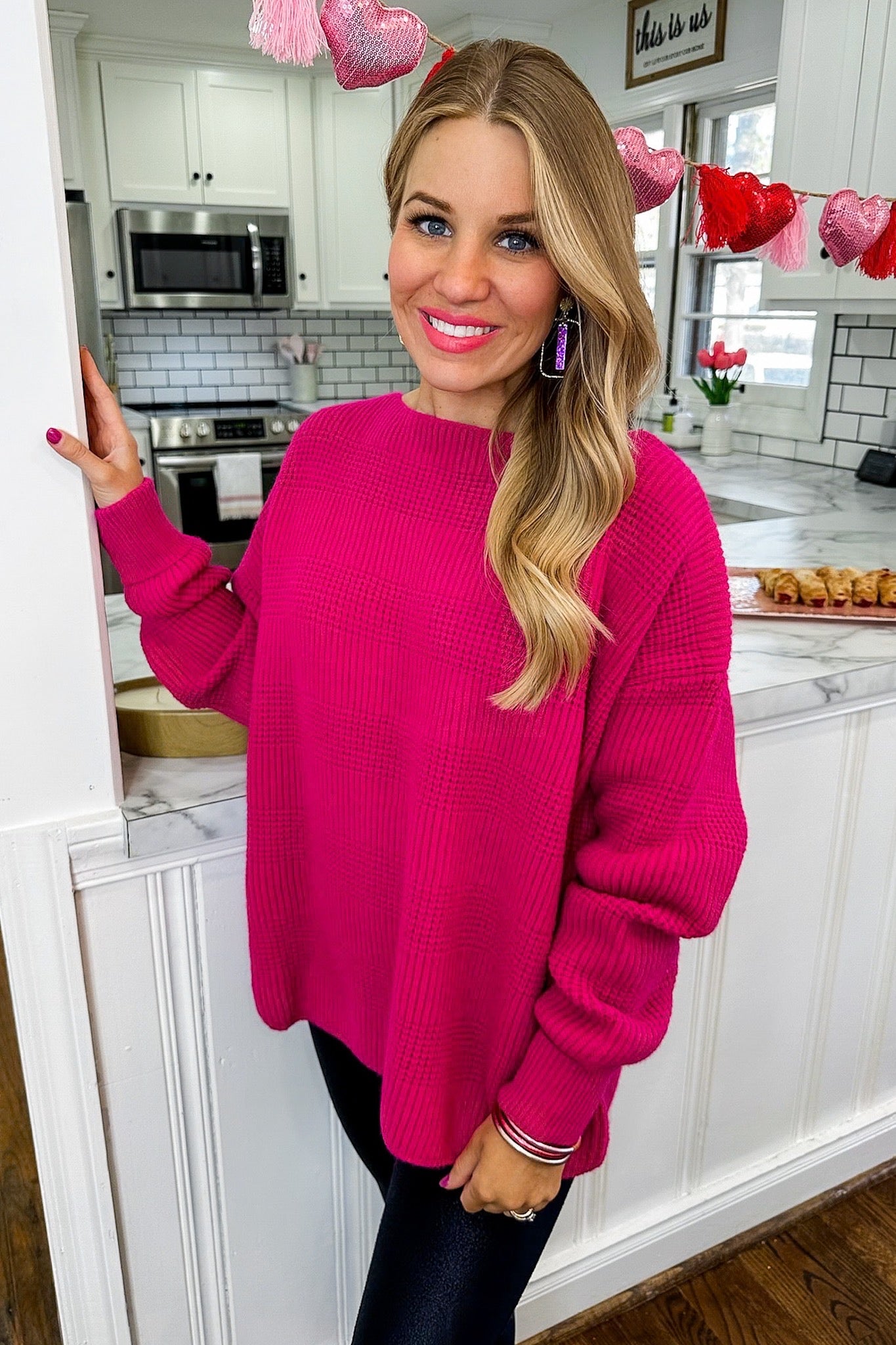 Textured Ribbed Magenta Knit Sweater