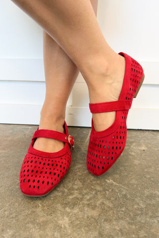 The Sheila Suede Eyelet Mary Jane Flat in Red