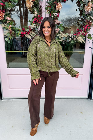 The Hadley Drawstring Pullover Jacket in Olive Patchwork